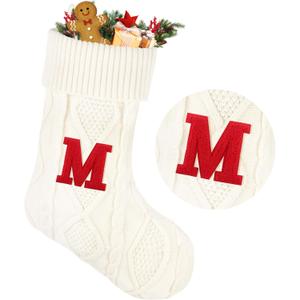 21 Inches Knitted Christmas Stockings with Initials, Large White Custom Monogram Christmas Stockings with Letter, Suitable for Xmas Holiday Party Gifts & Decoration for Fireplace (White-M)