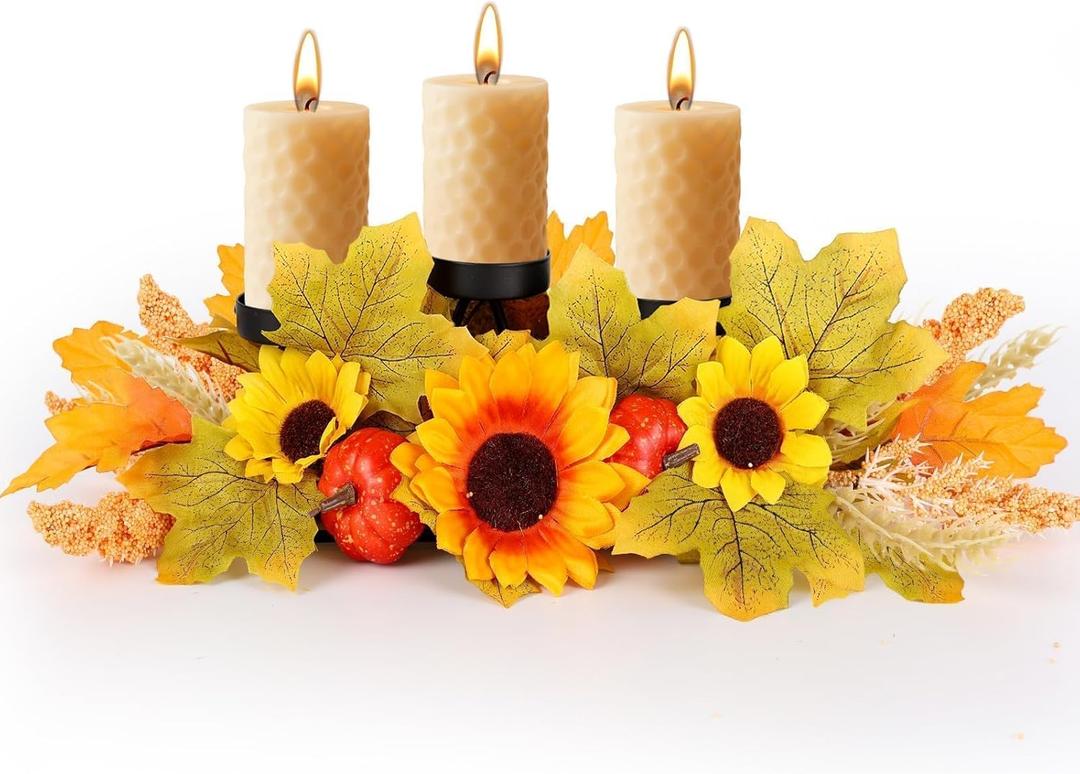 Thanksgiving Dining Table Centerpiece with 3 Wick Candle Holders Fall Candelabra Centerpiece Harvest Autumn Fall Decorations Holiday Candleabrum Decorated with Sunflower Blooms Pumpkin Maple Leaves