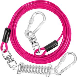 jenico Dog Tie Out Cable, 10/15/20/30/40/50/70/100/150FT Runner Cable with Swivel Hook and Shock Spring, Dog Leash Run Tether for Yard Outdoor and Camping,for Small to Medium Pets Up to 500lbs  (Pink)