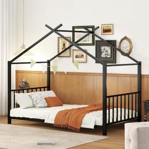 Twin Size Kids Montessori Floor Bed,House Bed Frame with High Headboard,Twin Floor Bed Frame with Roof for Boys Girls (Black)