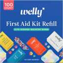 Welly First Aid Kit Refill Carton | Includes Individual Bandages, Cleansing Wipes, Antibiotic Packets, Burn Gel, Hydrocortisone Cream, and Bug Bite Relief Patches | 100 ct