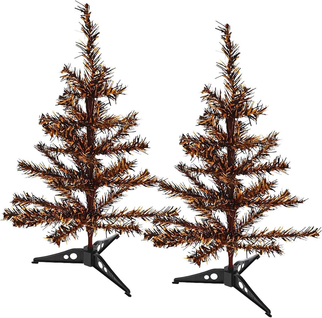 (2) Halloween Artificial Mini Trees with Stand, 18 Inches Orange and Black Tinsel Branches Sturdy Base Spooky Indoor Decoration Haunted House Props Tabletop Accents Party Decor Creepy Display