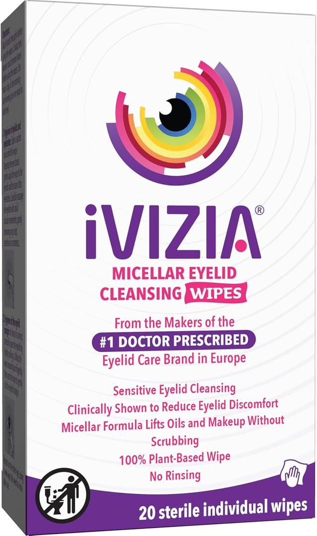 iVIZIA Eyelid Cleansing Wipes for Sensitive Eyelid Cleansing, Preservative-Free, Micellar, No Rinse, Gentle Eye Makeup Remover, 20 Sterile Single-Use Wipes for Eyelids