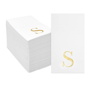 Sparkle and Bash 100 Pack Gold Foil Initial Letter S White Monogram Paper Napkins, 4x8 inch Disposable Dinner Napkin for Wedding Decor, and Table Decorations