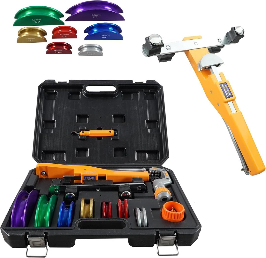 90 Ratcheting Pipe Tube Bender Set W/ 7 Color-Coded Aluminum Heads, 1/4"7/8" O.D. Tubing, Tube Cutter & Deburring Tool, Portable Storage Case for HVAC, Plumbing & Refrigeration