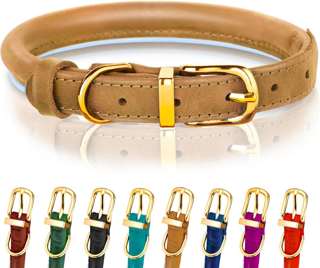 OOPSDOGGY Reflective Rolled Leather Dog Collar Adjustable Soft Padded Pet Collar for Small Medium Large Breed Dogs (Camel, XS, 8"-11")