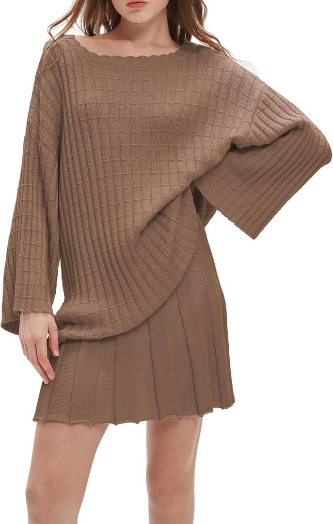 EZAPINE Womens Sweater Skirt Set Oversized Casual Loose Knit Sweater Pleated A Line Mini Skirt 2 Piece Outfits