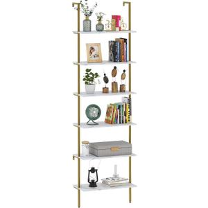 Ladder Shelf 6 Tiers Marble White Modern Bookshelf Open Tall Wall Mount Bookcase Standing Leaning Wall Shelves Industrial Decorative Living Room Bed Room (1 PC 23.6IN)