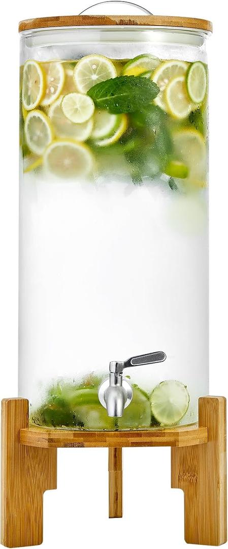 Beverage Dispenser 2.9 Gallon with Spigot Glass Water Dispenser for Parties, Bars, Restaurants (11Lwith Wood Stand Drink Dispensers