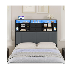 Headboard with 3-Tier Storage Shelves, Velvet Upholstered Headboard with Outlet, 2 USB Ports & LED Light, Headboards Full Size Bed with Two Fabric Drawers, Black and Dark Gray, BH42104B