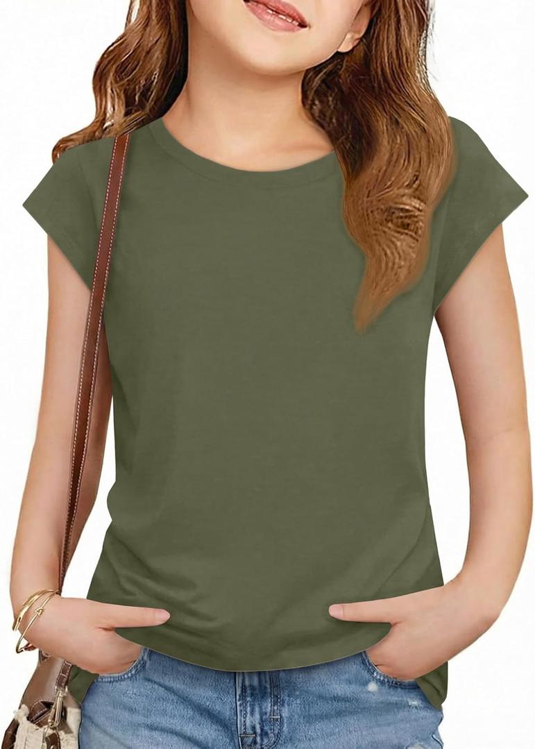 ZDC Girls Short Cap Sleeve T Shirts Kids Crewneck Summer Tops Basic Tees 5-14 Years (Green)
