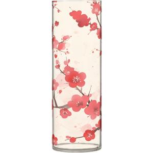 Flower Vase for Centerpieces, Plum Blossoms Flower Red Plastic Cylinder Vase, Clear Bud Vases for Home Wedding Office Table Decor (A1839)