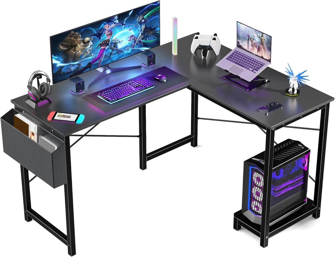 DUMOS L Shaped Computer Desk Wood Corner PC Gaming Table with Side Storage Bag for Home Office Small Spaces,Black