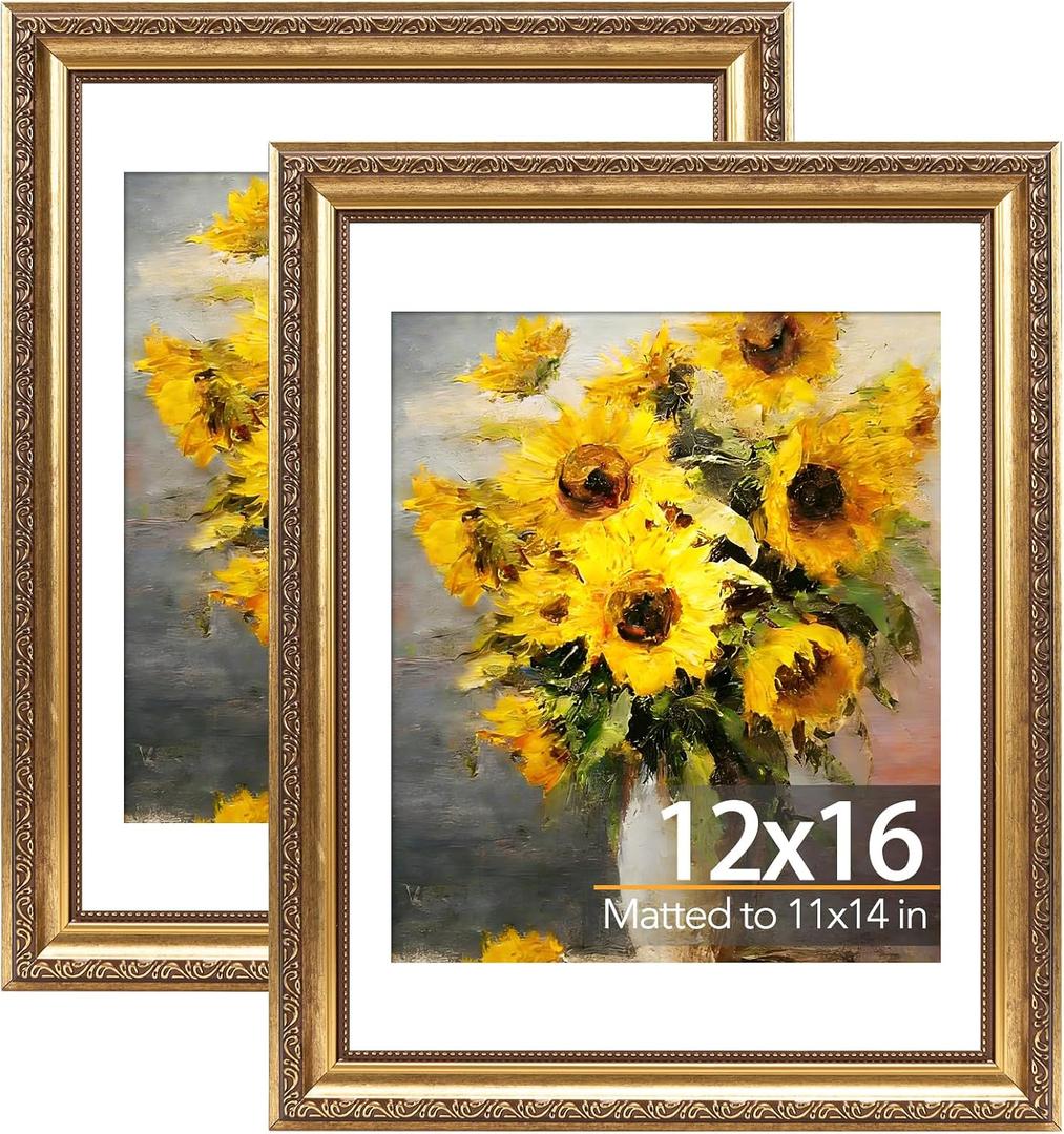 JCJMY 12x16 Vintage Picture Frame with 11x14 Mat Set of 2, Elegant Retro 12 by 16 Photo Frame with Shatter-Resistant Plexiglass for Wall Hanging, Gallery Decor & Gift, Gold, 2 Pack