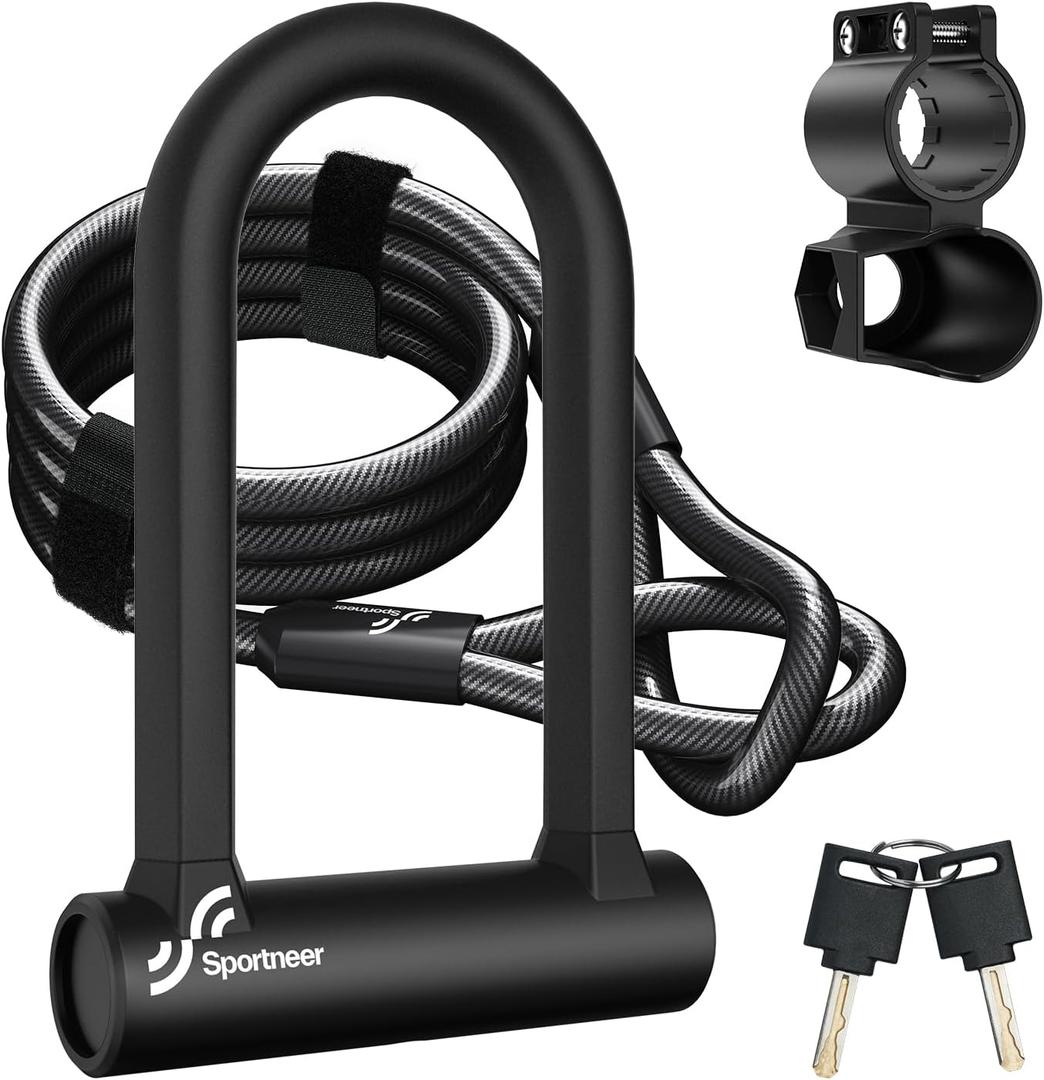 Sportneer Bike Lock: Heavy Duty Anti Theft Bike U Lock with 5ft Security Steel Cable - 17mm Shackle Bicycle U-Locks with Keys & Sturdy Mounting Bracket for Road, Mountain, Electric & Folding Bike (Black)