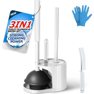 FORASTO 3 in 1 Toilet Brush and Plunger Set,Toilet Bowl Brush Plunger Set,Toilet Brush Plunger Combo,Cleaning Brush,Cleaning Supplies, Crevice Cleaning Brush, Bathroom Cleaning Tools, White