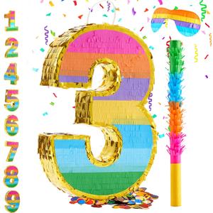 Rainbow Number 3 Pinata for 3rd Birthday Party Decorations, Birthday Pinata with Stick Blindfold and Confetti, Kids Anniversary Celebration, Fiesta (Small, 16.5 x 11.5 x 3 In)