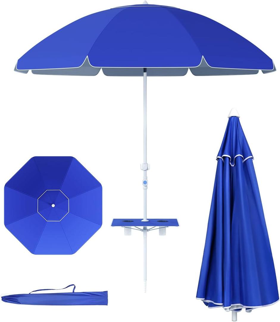 paramondo 7ft Beach Umbrella with Sand Anchor Air Vent Push Button Tilt and Crank, Portable Sunshade Outdoor Patio Umbrella with 8 Sturdy Ribs for Garden, Deck, Backyard, Pool and Beach