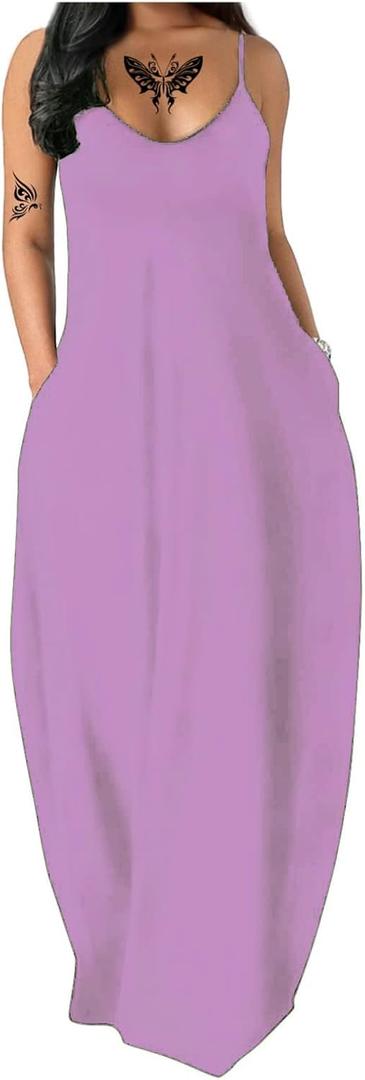 Fussangshu Women's Summer Maxi Dress Long Dress Casual Boho Sleeveless Strap Smocked Tiered Long Beach Sun Dresses (XXL)