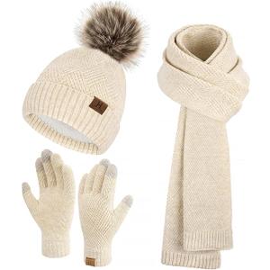 Womens Winter Warm Knit Beanie Hat Long Scarf Touchscreen Gloves Set with Fleece Lined Pom Skull Cap Gifts for Women