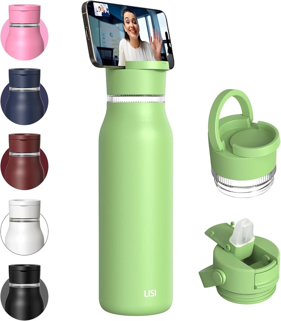 LISI 40oz Insulated Water Bottle, Double Wall Stainless Steel Water Bottles with Straw, 100% Leak-Proof Travel Thermal Canteen Mug with 2 Lids (Straw, Phone Holder Lid) (Key Lime)