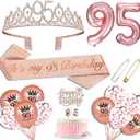 Hysilla 95th Birthday Party Decorations for Women Including Sash Women, Crown, Cake Topper, Balloons, Pin and Candle Set, Rose Gold
