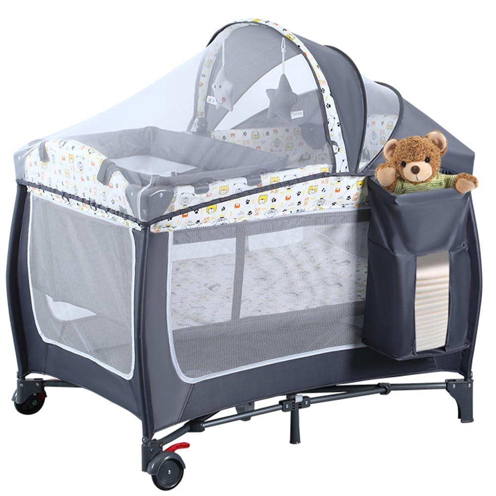ANNA QUEEN 4 in 1 Pack and Play,Portable Baby Crib Deluxe Nursery Center, Foldable Travel Playard with Bassinet,Adjustable Canopy,Music Box,Changing Table for Newborn, Infant, Toddler