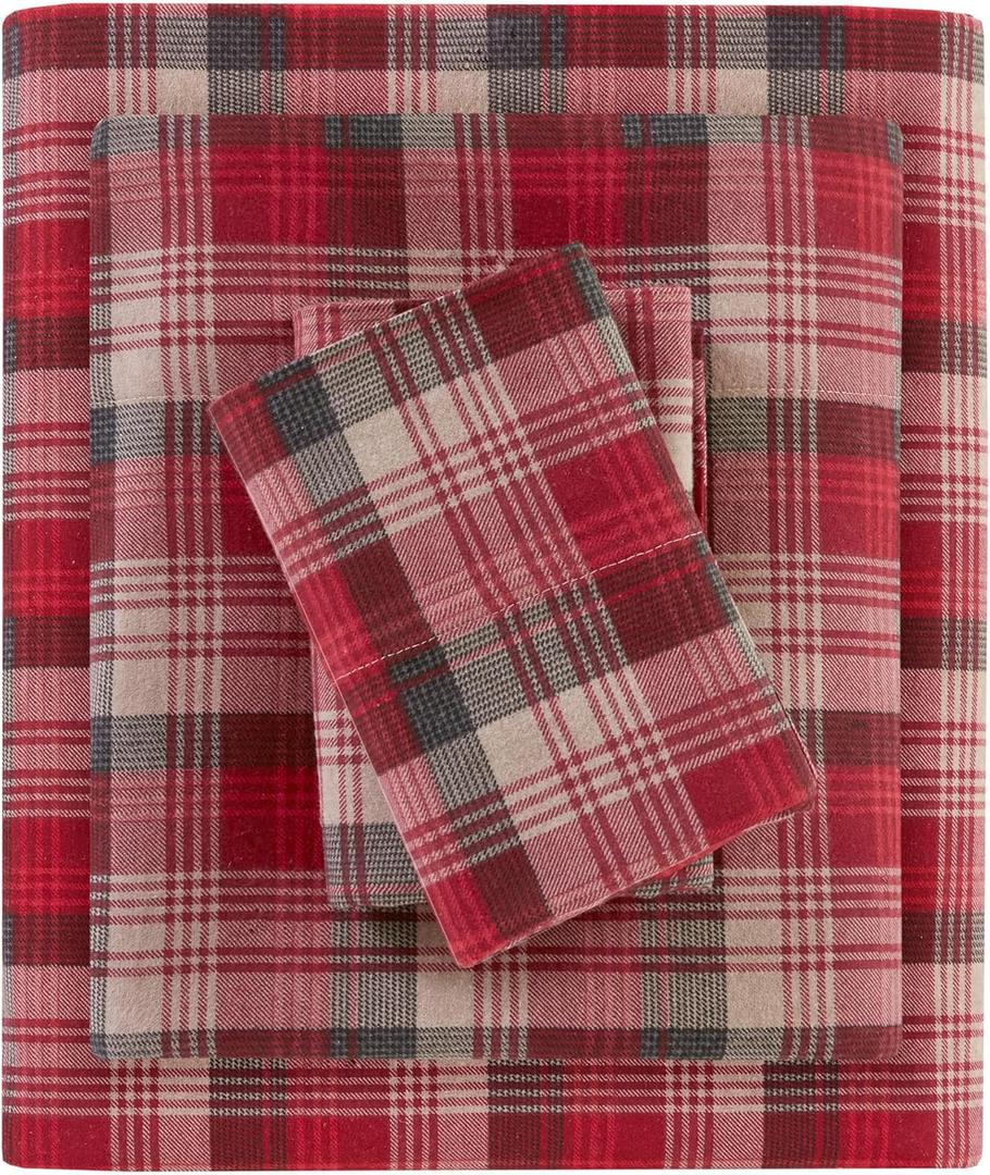 Woolrich Cotton Sheet Set Cottage Charms Print, 100% Cotton Flannel Sheets Warm & Fuzzy Bedding Set King Size Sheets, Fitted Pocket Fits Up to 14" Mattress, King Red Plaid, 4 Piece