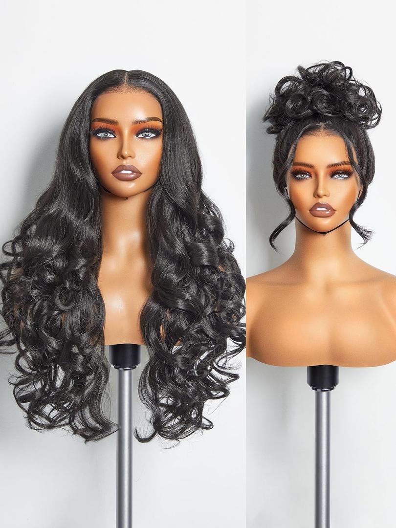 GORGIUS Glueless Natural Black Wavy Wigs HD Transparent Lace Front Wigs Put On Go Wigs Pre Plucked Crafted with Style-Archive Technology: Premium Fiber & Remy Human Hair Blend with Natural Hairline