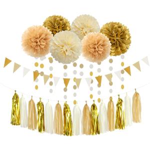 White Gold Champagne Party Decorations - 23pcs Tissue Pom Poms Streamers,Christmas Wedding Engagement Tassel Garland Banner,Bachelorette Neutral Birthday Baby Bridal Shower Decor Lasting Surprise