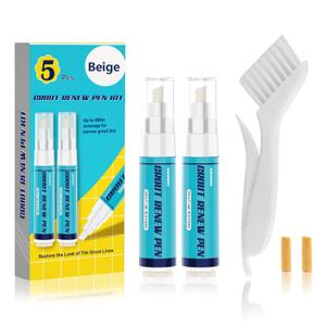 NADAMOO Grout Pen Beige, 2 Large Size 20ml Tile Grout Paint Pens, Grout Shine Touch Up Repair Marker Tile Gap Coating- Restore Grout Line, with 2 Replacement Nibs and 1 Cleaning Brush