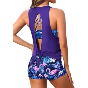 Aqua Eve 3 Piece Tankini Swimsuit for Women Tank Bathing Suit with Shorts Open Back Athletic Swimwear