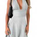 Sexy Deep V Neck Halter Glitter Bodycon Dress Sparkling Sleeveless Cocktail Party Mini Dress Backless Women's Evening Clubwear (US, Alpha, Large, Regular, Regular, Grey) (Gray, L)