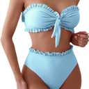 SOLY HUX Women's Ruffle Strapless Bikini Set 2 Piece Bandeau Swimsuit High Waist Bathing Suits (Plain Light Blue), Small