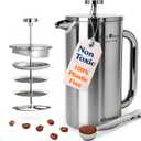 Ziruma Non-Toxic French Press, Surgical Stainless Steel Coffee Press, Plastic-Free, Heavy Metal-Free, No Endocrine Disruptors, 34 Oz, Double Wall, 4-Layer Filter, Portable Coffee Maker