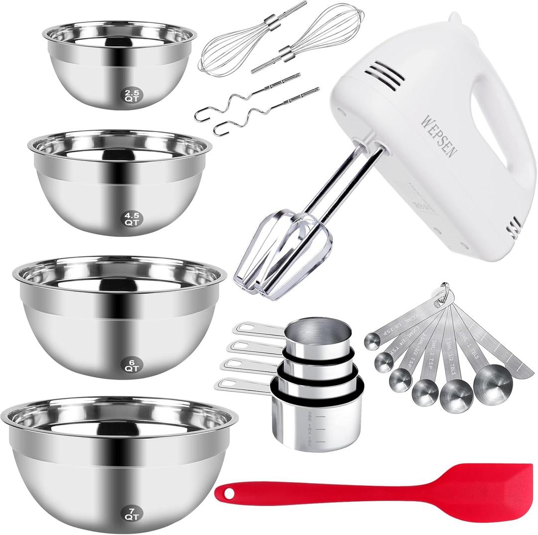WEPSEN 5-Speed Electric Hand Mixer, 4 Large Mixing Bowls Set, Handheld Mixers with Whisks Beater, Stainless Steel Metal Nesting Bowl Measuring Cups Spoons Kitchen Cake Blender for Baking Supplies (Red)