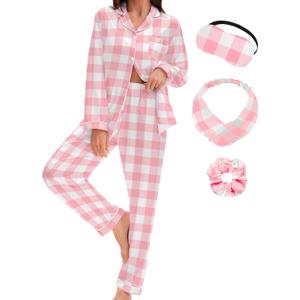 EPLAZA Silk Pajamas for Women Satin Pajamas Set 5 Pcs Long Sleeve Print Pattern Button Down Pjs Sleepwear Loungewear Set (Pink White Plaid, S)