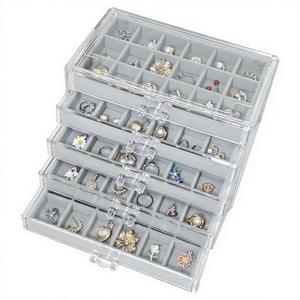 HOUKANWE Acrylic Earring Holder Organizer with 5 Drawers Clear Earring Organizer Box with 90 Adjustable Grids Velvet Earring Display Case Jewelry Organizer for Earrings Rings Studs (Grey)