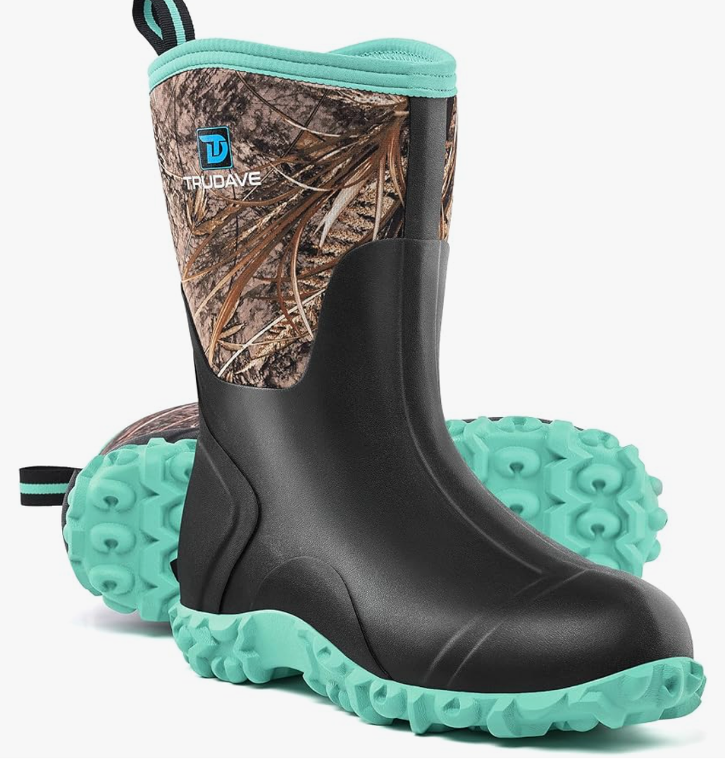 Trudave Rubber Boots for Women with Steel Shank, 6mm Neoprene Mid Calf Rain Boots, Waterproof Insulated Mud Work Boots All Season, Size 8