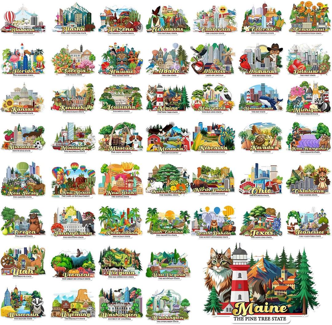 51 Pcs State Magnets for Refrigerator United States Fridge Magnets USA Souvenirs Us Individual State Province Refrigerator Set for Travel Gift Destination of States Visited
