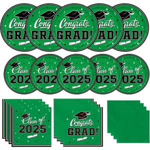 Graduation Party Plates and Napkins Gatherfun 2025 Graduation Party Supplies Green Disposable Paper Plates Luncheon Napkins Cocktail Napkins for Congrats Grad Party Decorations, Serve 50