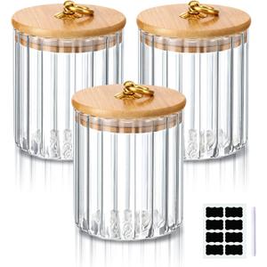 Gerrii 3 Pcs Glass Storage Jars Decorative Coffee Bar Container Kitchen Glass Canister with Airtight Bamboo Lid Metal Ring, Black Labels and Whiteboard Marker for Storage Sugar Candy(19 oz)