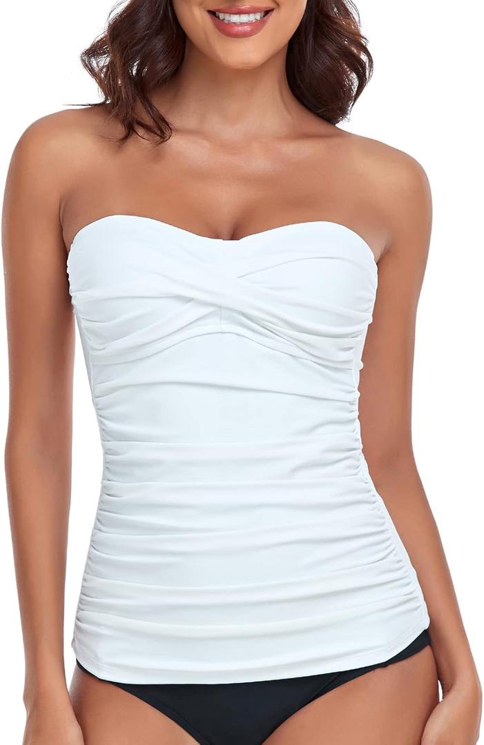 RELLECIGA Women's Ruched Tankini Top (Medium, White)