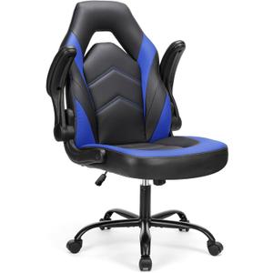 Sweetcrispy Computer Video Game Chair - Ergonomic Home Office with Comfy Lumbar Support, PU Leather Height Adjustable with Flip-up Armrest and 360 Swivel Wheels, Blue, for Adults, Teens