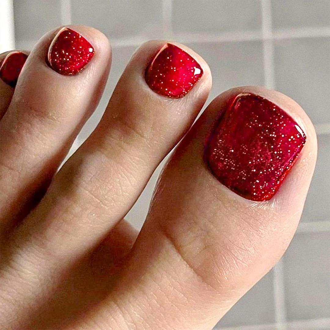 Red Press on Toenails - Valentines Day Fake Toenails - Short Square Press on Toe Nails with Glitter Design - for Women 24 Pcs