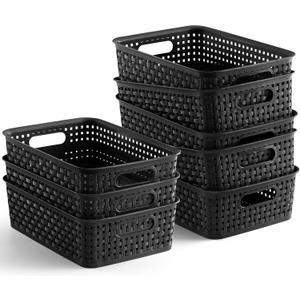 [ 8 Pack ] Plastic Storage Baskets - Small Pantry Organization and Storage Bins - Household Organizers for Laundry Room, Bathrooms, Kitchens, Cabinets, Countertops, Under Sink or On Shelves - Black
