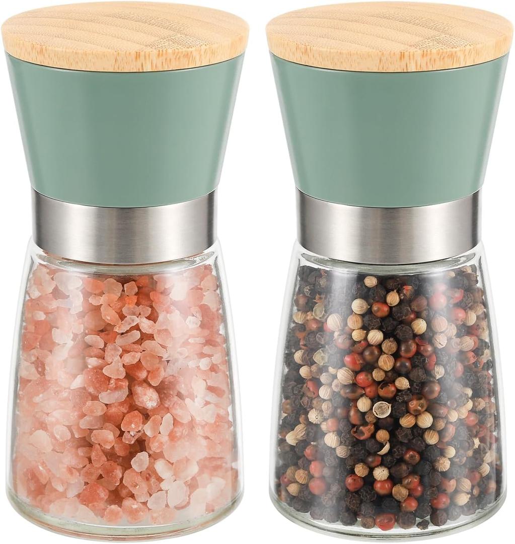 VUCCHINI Salt and Pepper Grinder Set Bamboo Lid- Adjustable Coarse Salt and Pepper Mills - Refillable Ceramic Burr Kitchen Gift Manual Spice Grinder Green