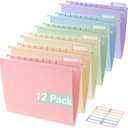 SortRax Plastic Hanging File Folders, Sturdy & Tear-Resistant, Letter Size, 12 Pack with Insertable 1/5-Cut Tabs, Pastel Colors