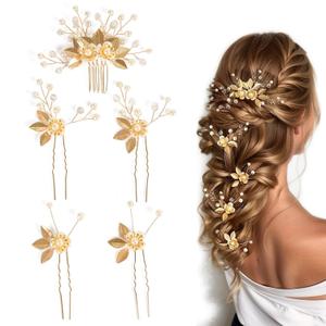 Wedding Hair Pins Set of 5 Pcs - Elegant Leaf Floral Pearl Rhinestones Hair Accessories for Bridal Women (Gold)