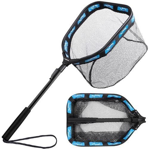 PLUSINNO Floating Fishing Net for Steelhead, Salmon, Fly, Kayak, Catfish, Bass, Trout Fishing, Rubber Coated Landing Net for Easy Catch & Release, Compact & Foldable for Easy Transportation & Storage, 11.8"/30cm Hoop Size 0.8M Blue (Fixed Pole)